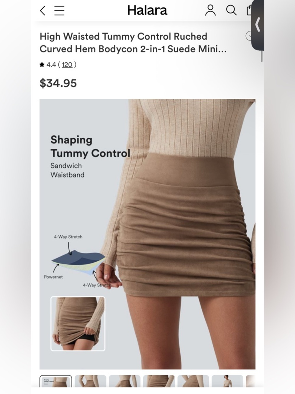 HALARA Suede Mini Skirt High Waisted Tummy Control Ruched Bodycon MSRP $35